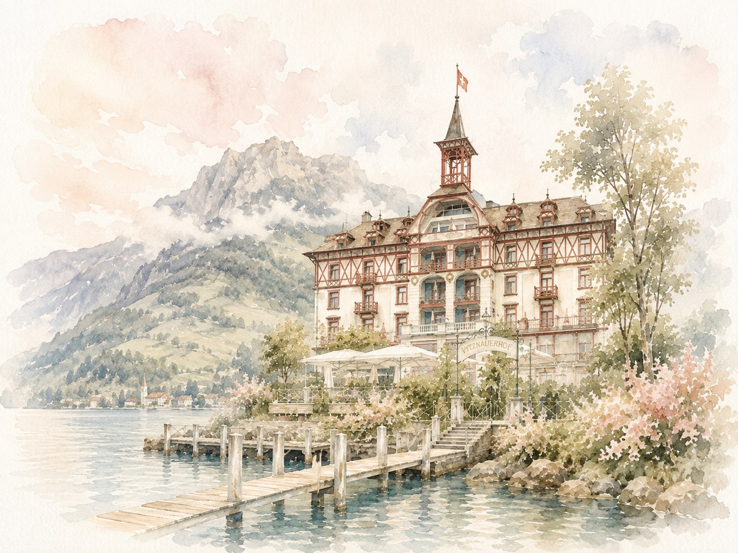 Aquarell des Vitznauerhofs am Vierwaldstättersee